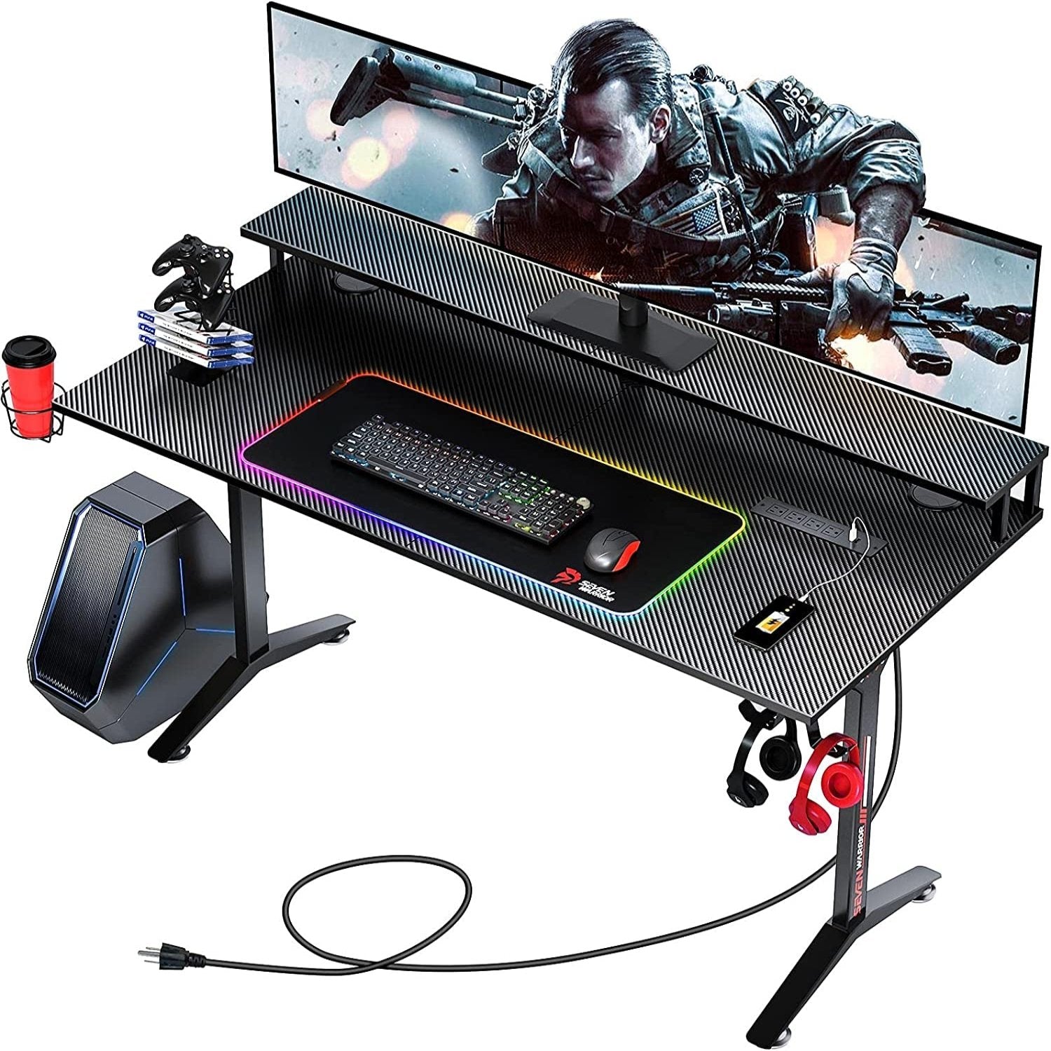Ergonomic Gaming Table with Monitor Stand, Cup Holder, Headphone Hook, Outlet Organizer